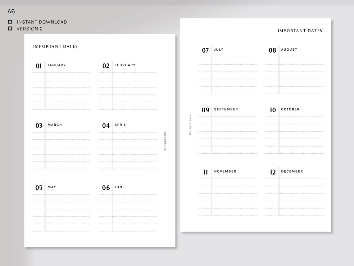Important Dates A6 Ring Printable Planner Inserts 2 - Etsy