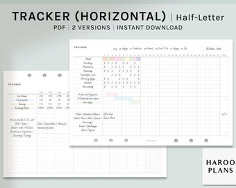 Monthly Tracker | Half-Letter Printable Planner Inserts | Habit Bills Chores Task Log Template | Horizontal Layout PDF | Digital Download