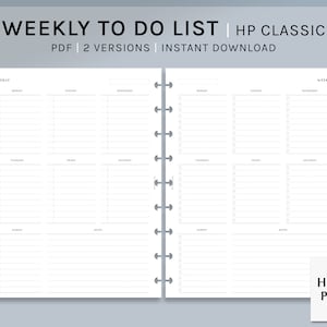 Puede incluir: Un planificador de lista de tareas semanal imprimible en formato PDF. El planificador tiene dos versiones, una con un diseño simple y otra con casillas de verificación. El planificador está diseñado para su uso con planificadores HP Classic.