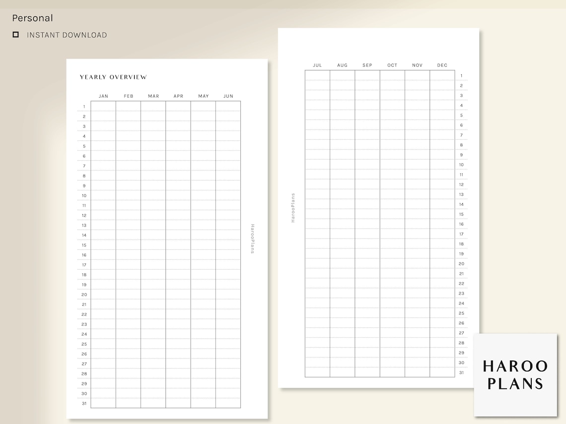 Yearly Overview Printable | Personal Size Planner Inserts | Year at a ...