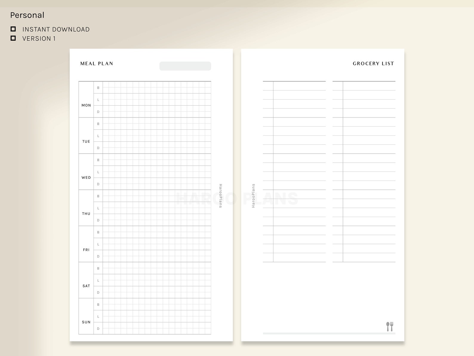 Meal Plan With Grocery List | Personal Size Printable Inserts | Weekly ...