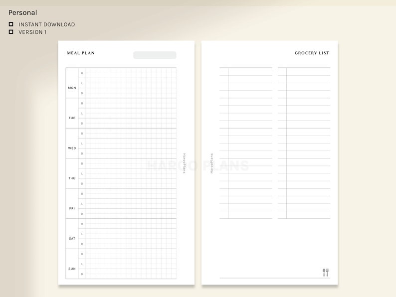 Meal Plan With Grocery List | Personal Size Printable Inserts | Weekly ...
