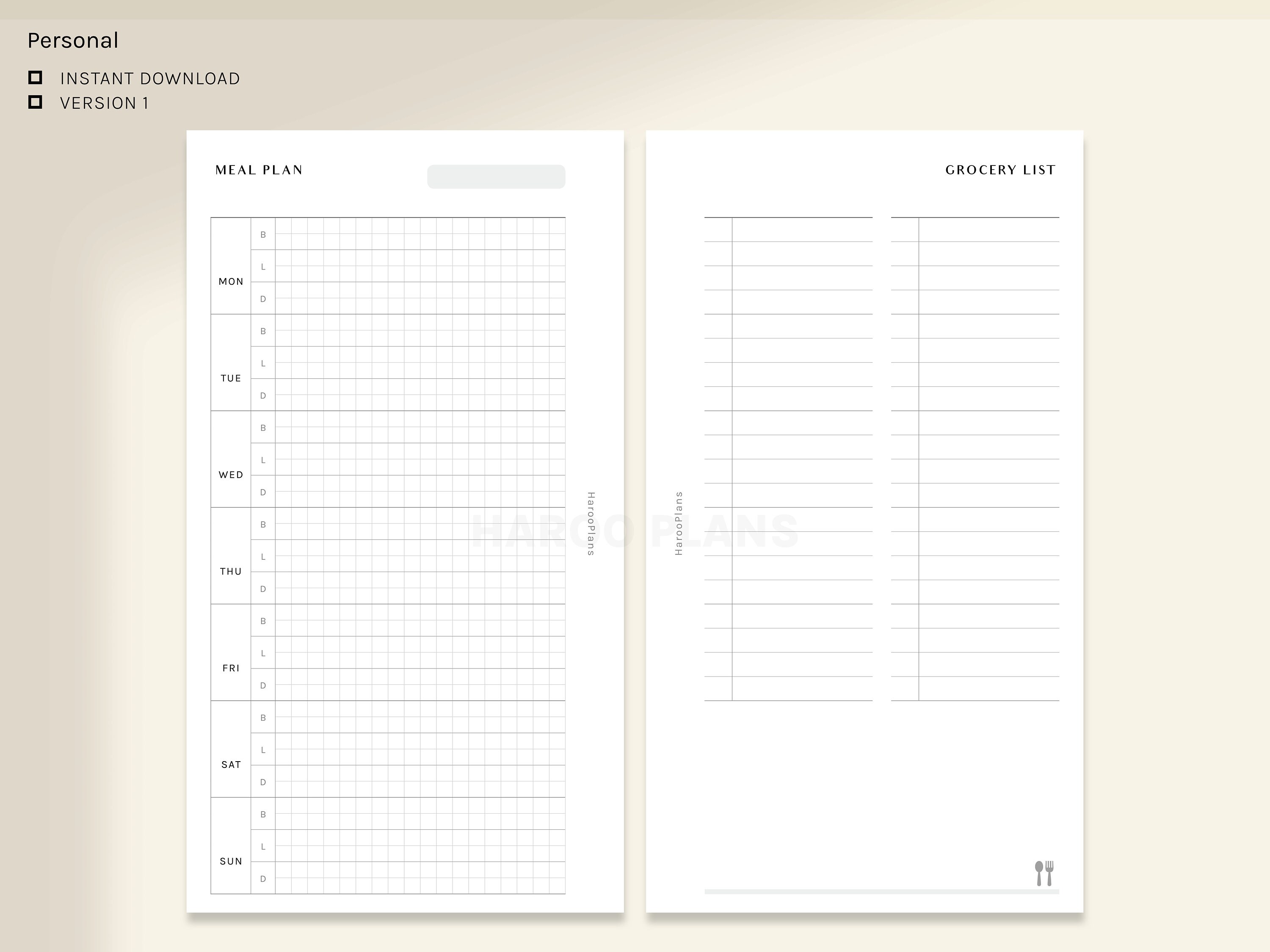 Meal Plan With Grocery List | Personal Size Printable Inserts | Weekly ...