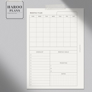 Puede incluir: Un inserto de planificador mensual imprimible en blanco y negro con secciones para una lista de verificaci&oacute;n, objetivos mensuales, prioridades y notas. El planificador incluye una cuadr&iacute;cula de calendario para el mes con los d&iacute;as de la semana etiquetados como Dom, Lun, Mar, Mi&eacute;, Jue, Vie y S&aacute;b. El texto "Haroo Plans" aparece en la parte superior e inferior de la p&aacute;gina.