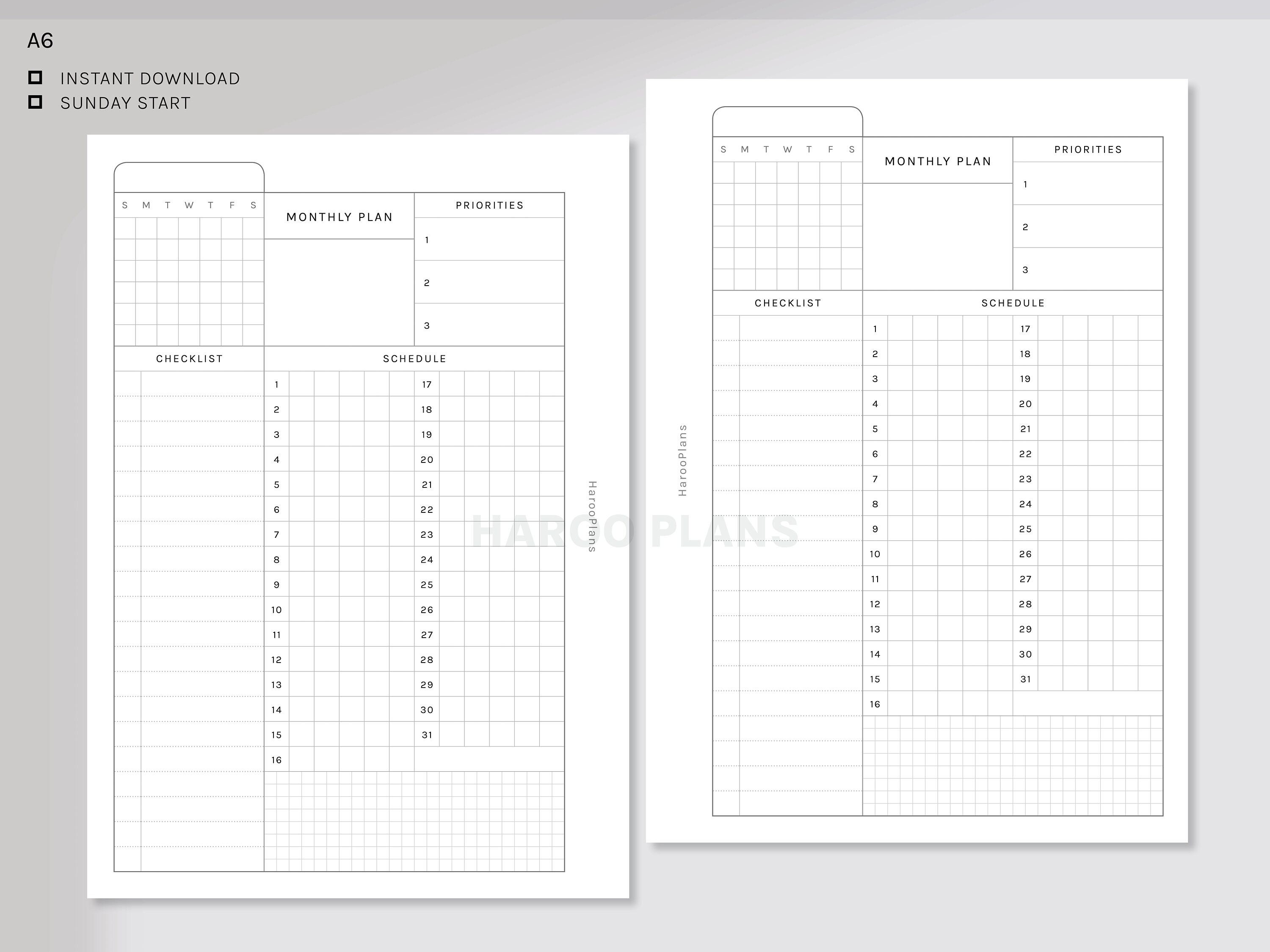 Monthly Planner | A6 Ring Printable Planner Inserts | Monthly Overview ...