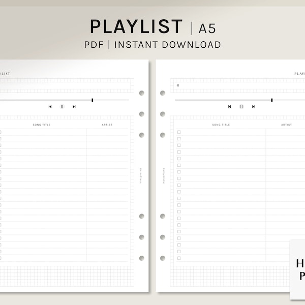 Afspeellijstbladen | A5 | Afdrukbare muziektracker voegt | Podcast lijst sjabloon PDF | Indeling voor mijn favoriete songlijst | Digitaal downloaden