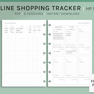 May include: A printable online shopping tracker for a Happy Planner mini. The tracker has two versions, one for online shopping and one for tracking purchases from a specific store. The tracker includes sections for date, store, item, price, shipped, and received. The tracker also includes a section for item details and a total price section.