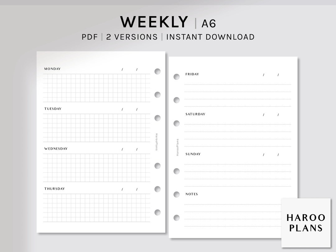 Simple Weekly | A6 | Printable Planner Inserts | Undated WO2P Template ...