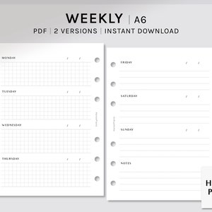 Simple Weekly | A6 | Printable Planner Inserts | Undated WO2P Template PDF | Grid Line Layout Pages | 7 Days Notes | Digital Download
