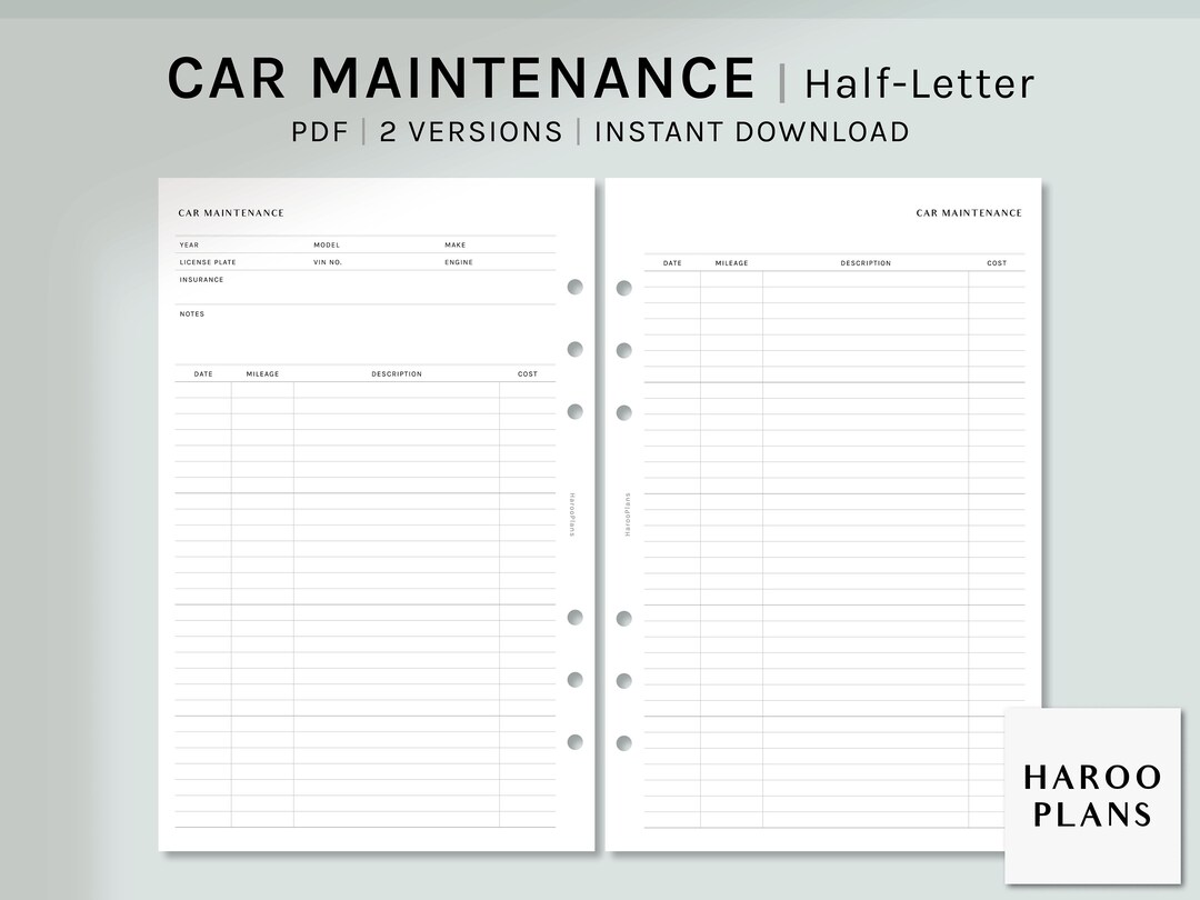 Car Maintenance | Half-letter Printable Planner Inserts | Auto Repair ...