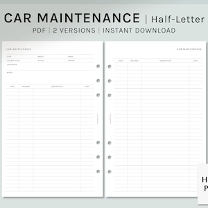 May include: Printable car maintenance log in half-letter size. The log includes sections for date, mileage, description, and cost. It also has a section for car information, including year, license plate, VIN, make, and model.