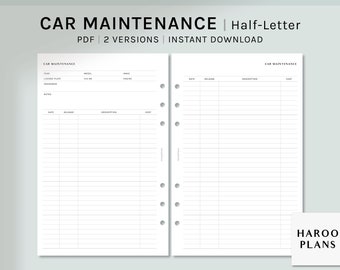 May include: Printable car maintenance log in half-letter size. The log includes sections for date, mileage, description, and cost. It also has a section for car information, including year, license plate, VIN, make, and model.