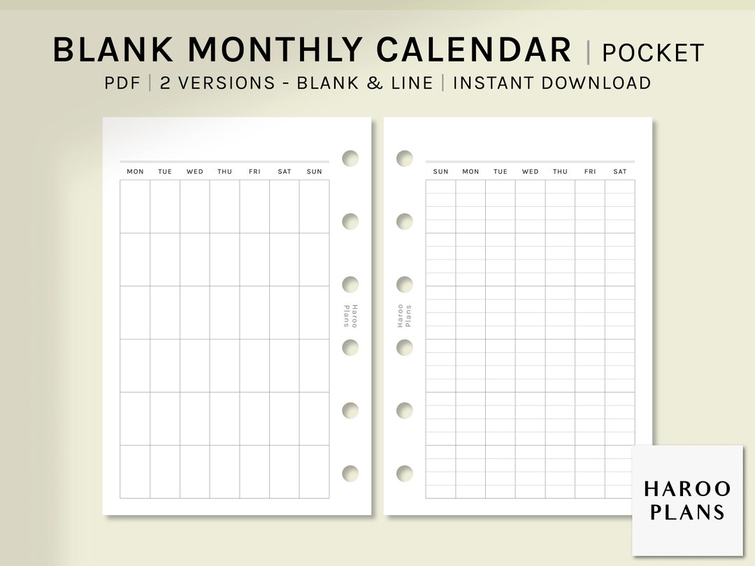 Undated Monthly Calendar | Pocket Size Printable Planner Inserts ...