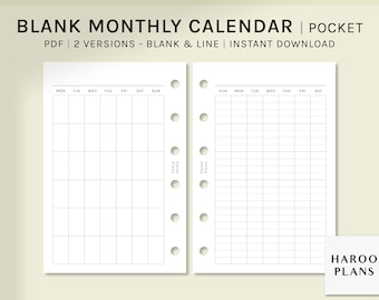 Ongedateerde maandelijkse kalender | Zakformaat Afdrukbare Planner Inserts | Lege MO1P Template | Eenvoudige schema-organizer PDF-| Digitale download