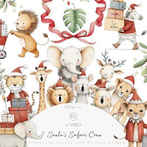 Watercolor Safari Christmas Clipart PNG Set, Cute Holiday Animals with Gifts and Santa Hats, Jungle Kids Bundle - Nursery Animal Bundles