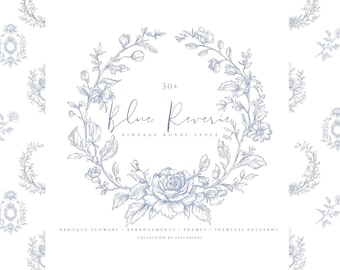Baroque Line Art Clipart Set Blue Reveire – Rococo Frame, Vintage ...