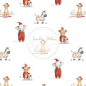 Puede incluir: Patrón sin costuras con ilustraciones de acuarela de animales navideños, incluyendo leones, cebras y elefantes. Los animales visten atuendos festivos sobre un fondo blanco. El texto "Seamless Pattern" está en el centro.