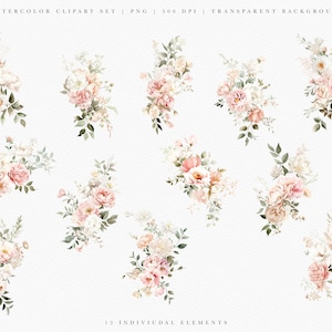 May include: A set of 12 watercolor floral bouquets in shades of pink and white. The bouquets are arranged in a grid pattern on a white background. Each bouquet features delicate flowers, leaves, and stems.