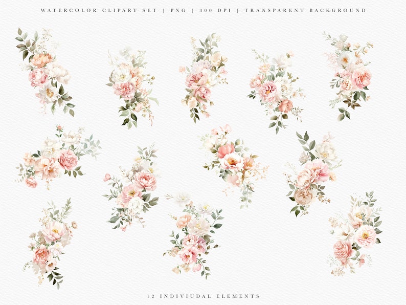 May include: A set of 12 watercolor floral bouquets in shades of pink and white. The bouquets are arranged in a grid pattern on a white background. Each bouquet features delicate flowers, leaves, and stems.