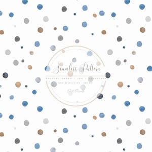 Può includere: Un design a motivo continuo con punti in stile acquerello in tonalità di blu, grigio e marrone sparsi su uno sfondo bianco. Il design include il testo "Seamless Pattern" e altri dettagli.