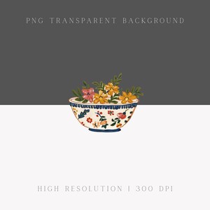 May include: A decorative bowl filled with flowers. The bowl has a white base with a blue rim and base, and is decorated with colorful floral patterns. The flowers are pink and yellow with green leaves. Text at the top reads "PNG TRANSPARENT BACKGROUND".