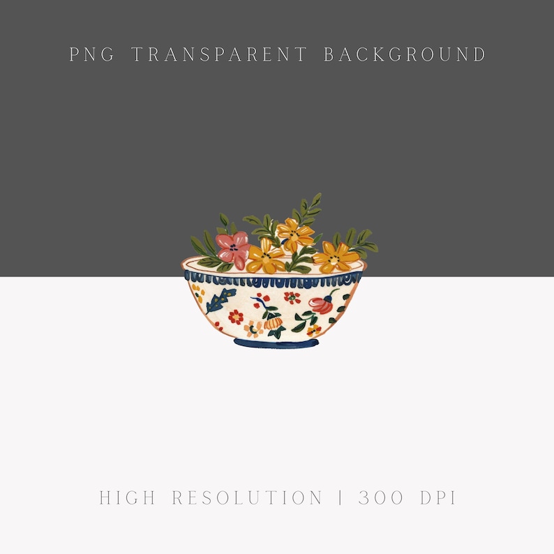 May include: A decorative bowl filled with flowers. The bowl has a white base with a blue rim and base, and is decorated with colorful floral patterns. The flowers are pink and yellow with green leaves. Text at the top reads "PNG TRANSPARENT BACKGROUND".