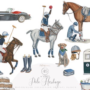 Könnte beinhalten: Aquarellillustration mit Polospielern auf Pferden, einem Oldtimer, einem Hund und Poloausrüstung. Das Bild enthält den Text "Polo Heritage" und ist eine Sammlung von 45 Aquarellbildern.