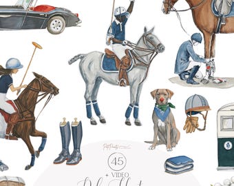 Watercolor Horse Clipart Bundle - Polo Heritage Clipart, Equestrian Polo Watercolor Illustrations, Horse Riding Sport, Watercolor Vintage