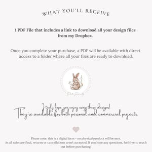 May include: A digital download product description with text that reads "WHAT YOU'LL RECEIVE" and "1 PDF File that includes a link to download all your design files from my Dropbox." The image includes a watercolor illustration of a bunny and text that says "Pati Paints".