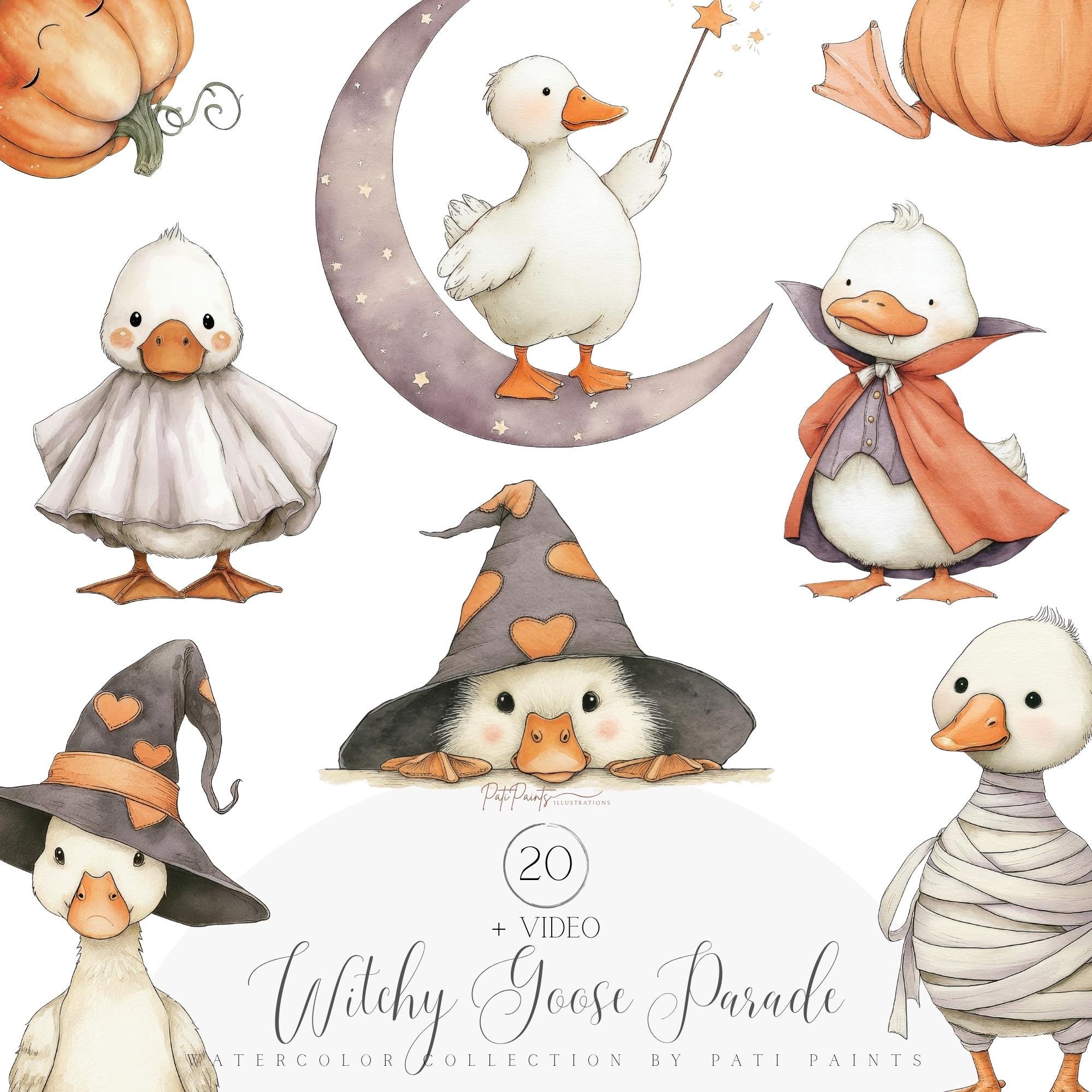 Witchy Goose Parade Halloween Clipart Set, 20 PNG Transparent Files, Cute Goose Costume Bundle for Kids, Baby Shower Sublimation Art