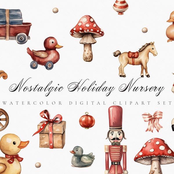 Set di clipart vintage giocattolo di Natale dell'acquerello - Clipart digitale dell'asilo nido natalizio per le vacanze - Clipart di giocattoli acquerello - Clipart di giocattoli di legno