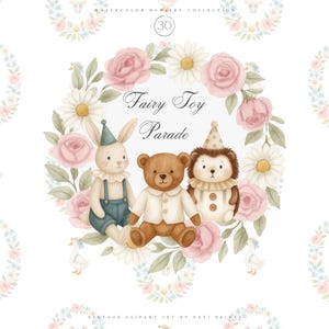 Bundle de cliparts jouet vintage, aquarelle lapin ours hérisson PNG, clipart bébé animal doux, illustrations de décoration de chambre d'enfant, ensemble de parade de jouets féeriques
