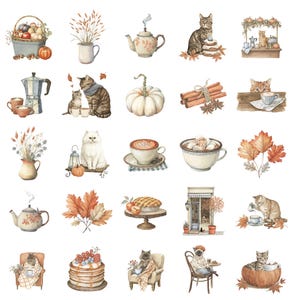 May include: Watercolor clipart pack featuring various autumn-themed illustrations. Includes cats, pumpkins, fall leaves, teacups, and baked goods. The text "Collection by Pati Paints" and "WATERCOLOR CLIPART PACK PNG TRANSPARENT BACKGROUND 300 DPI" are visible.
