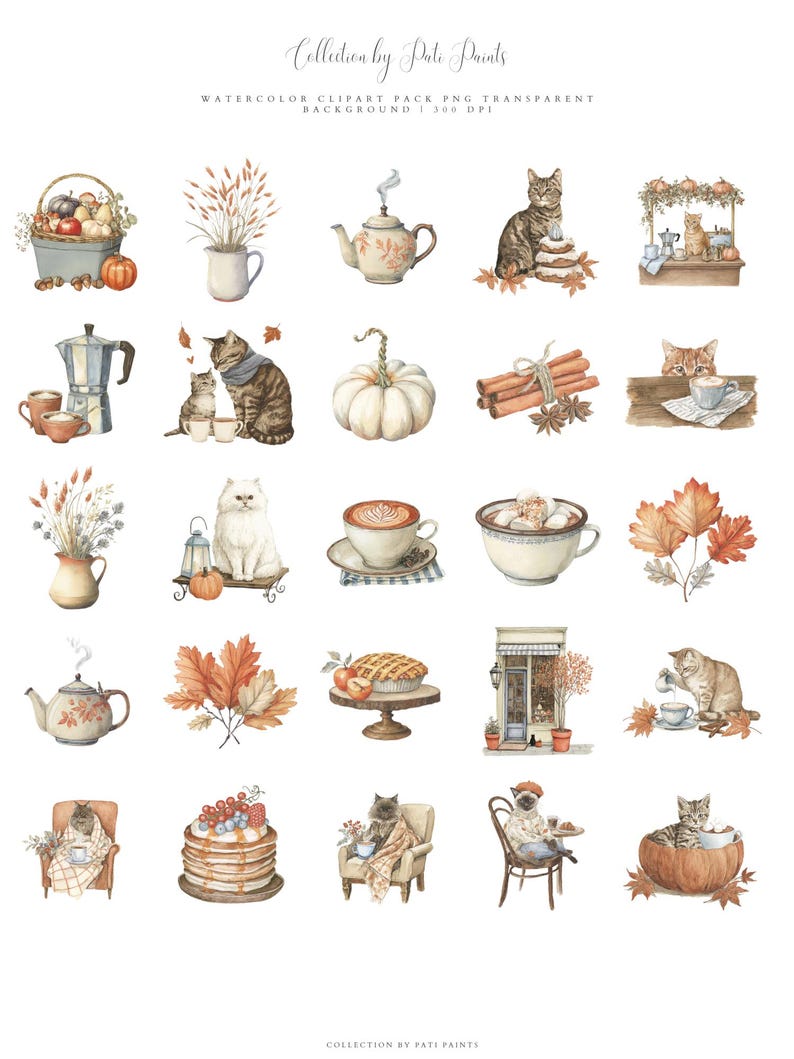 May include: Watercolor clipart pack featuring various autumn-themed illustrations. Includes cats, pumpkins, fall leaves, teacups, and baked goods. The text "Collection by Pati Paints" and "WATERCOLOR CLIPART PACK PNG TRANSPARENT BACKGROUND 300 DPI" are visible.