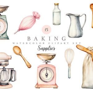 Pacote de clipart de materiais de cozimento - Clipart de cozimento em aquarela - Logotipo de culinária - Clip Art culinário - Utensílios de cozinha - Conjunto de clipart de ferramentas de cozimento
