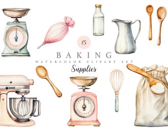 Baking Supplies Clipart Bundle - Watercolor Baking Clipart - Cooking Logo - Culinary Clip Art - Kitchen Utensils - Baking Tools Clipart Set