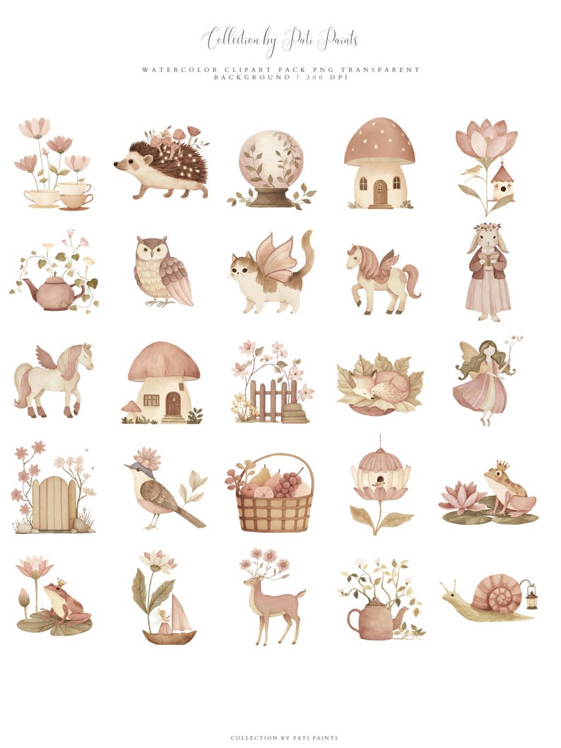 Watercolor Fairy Garden Clipart Set, Cute Fantasy PNG, Magical Woodland ...