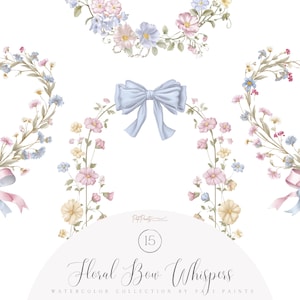 Puede incluir: Ilustración en acuarela con arreglos florales con flores en colores pastel y un lazo azul claro. La imagen incluye el texto "Floral Bow Whispers" y "Watercolor Collection by Pai Paints."