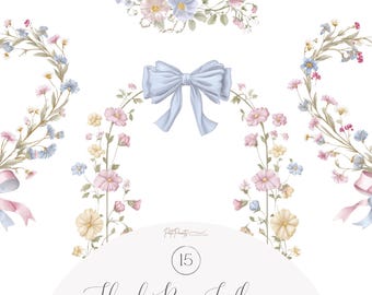 May include: Watercolor illustration featuring floral arrangements with pastel-colored flowers and a light blue bow. The image includes the text "Floral Bow Whispers" and "Watercolor Collection by Pai Paints."
