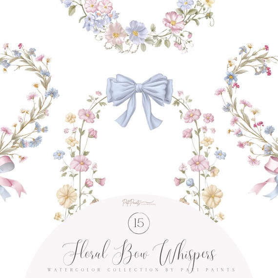 Pastel Floral Bow Clipart Set, Cottagecore Flower Wreath PNG, Watercolor Ribbon Clipart, Feminine Arch Frame Bundle, Vintage Bouquet