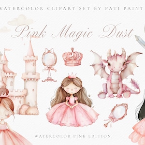 Aquarell rosa Prinzessin Clipart Bundle - königliche Clipart - Kinderzimmer Clipart Pack für Baby Mädchen - Baby Shower Party Clipart - Schloss, Drache