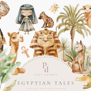 Paquete de imágenes prediseñadas de Egipto en acuarela, Arte de pared de cuentos egipcios para guardería, Esfinge de la pirámide egipcia, Momia de Cleopatra, Jeroglíficos, Arte de la esfinge