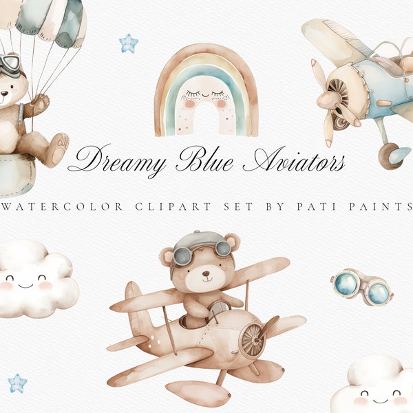 Bundle de cliparts aviateur ours - clipart avion - art mural chambre d'enfant - invitation baby shower - bleu clipart - clipart pilote ours - scrapbooking