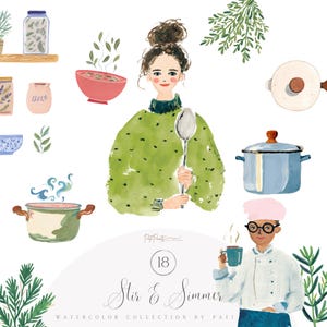 以下が含まれることがあります： 緑色のセーターを着た女性がスプーンを持ち、調理関連のアイテムに囲まれた水彩イラスト。鍋、ボウル、マグカップを持ったシェフが含まれています。「Stir & Simmer」というテキストも表示されています。