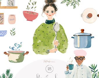 Conjunto de imágenes prediseñadas de cocina en acuarela (PNG): imágenes prediseñadas de cocina, imágenes prediseñadas de chef, ilustraciones de alimentos con hierbas y ollas / Arte de cocina PNG para manualidades y pegatinas