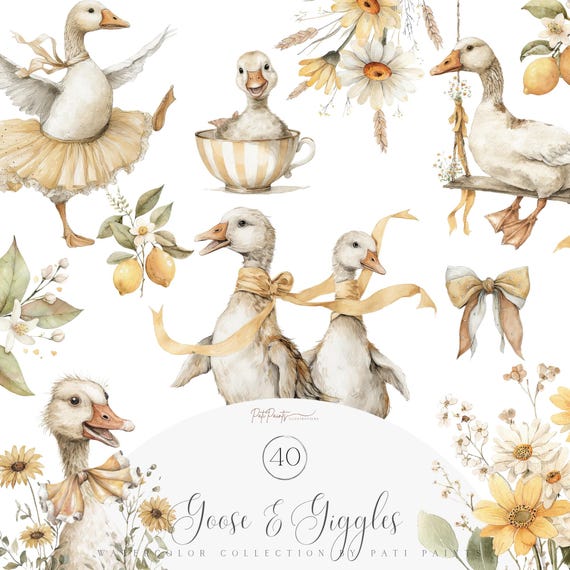 Silly Goose Clipart Set, Preppy Coquette Watercolor PNG, Cute Ballerina Goose, Neutral Flowers, Soft Pastel Animals, Nursery Goose Clipart