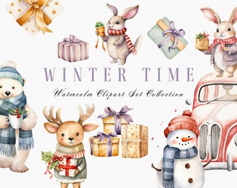 Watercolor Winter Time Digital Clipart Set for Commercial Use - Greeting Card - Christmas Animal - Nursery Decor for Christmas Time - Xmas