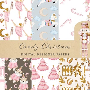 Papel digital de doces de Natal - Decoração de Natal rosa - Padrão sem emendas em aquarela - Tecido doce para festas - Quebra-nozes de bailarina em aquarela