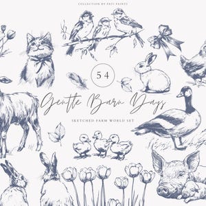 Boerderijdieren lijn getrokken clipartcollectie - boerderijleven - cottage clipart - schattige boerderijdieren - commerciële licentie - illustratie zachte schuur