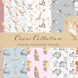 Watercolor Circus Pattern - Digital Paper Watercolor Animal - Baby Shower - Nursery Art Animals - Circus Pary - Circus Tent - Pattern #S40p